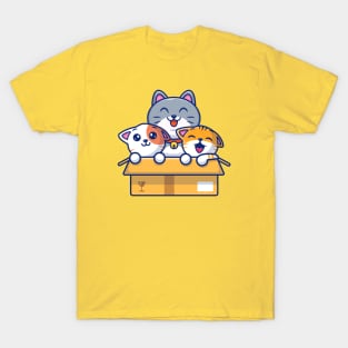 Cute Cat Playing In The Box Cartoon T-Shirt